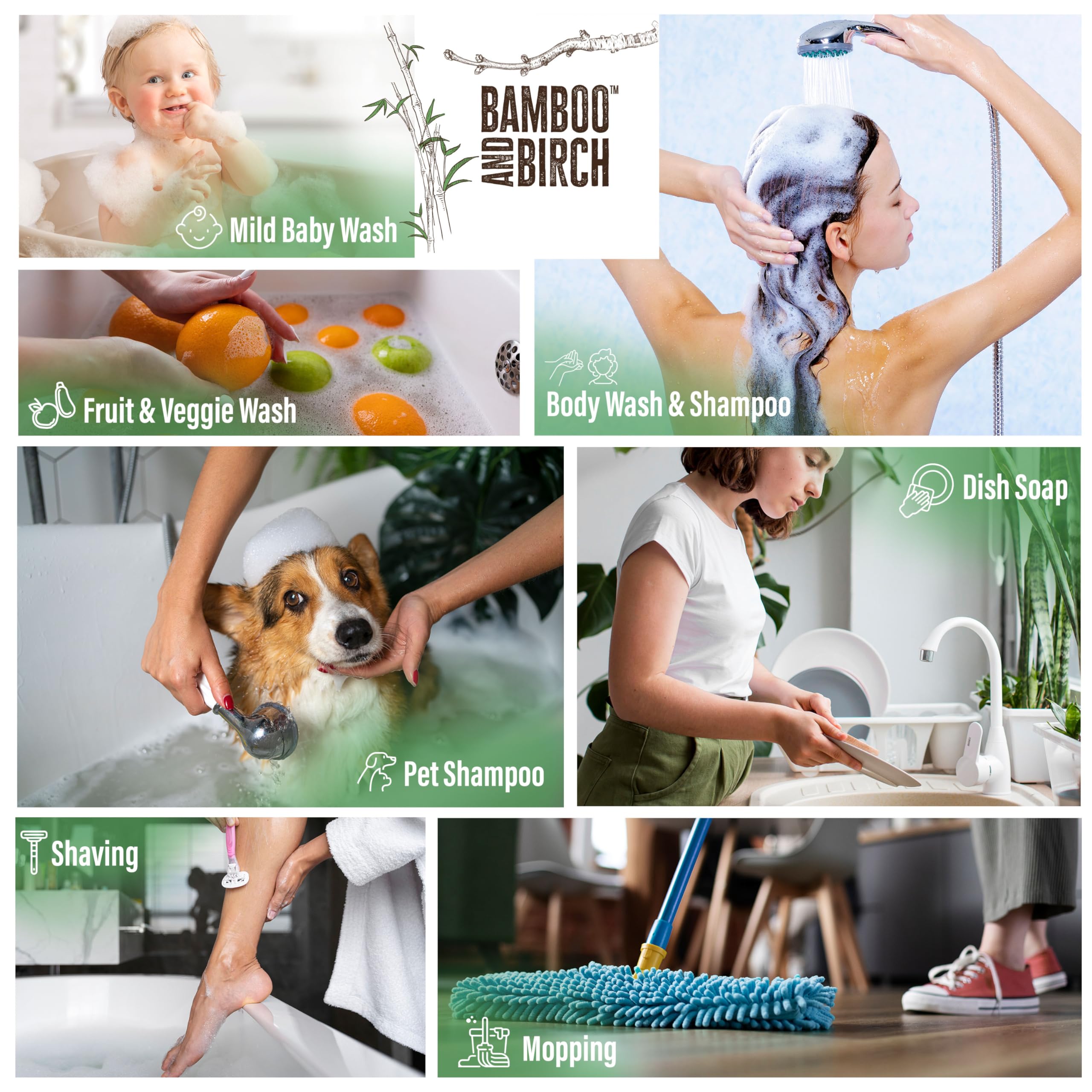 BAMBOO AND BIRCH Pure Castile Soap Liquid Organic, Certified Palm Oil Free Natural Soap, Peppermint, 64 oz